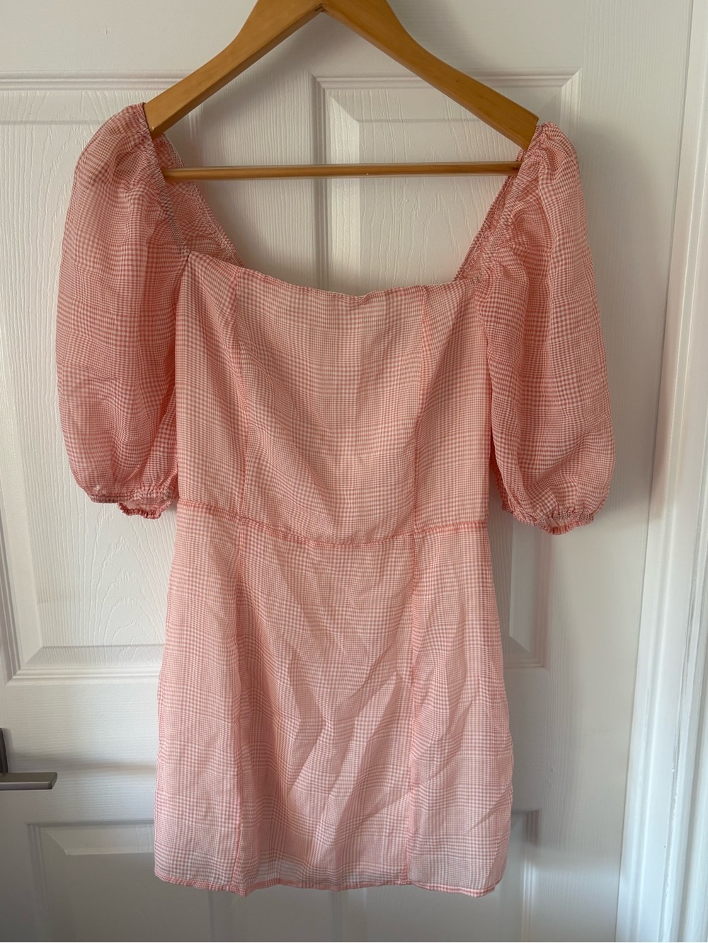 Blue Blush Pink Gingham Puff Sleeve Milkmaid Mini Dress Size M